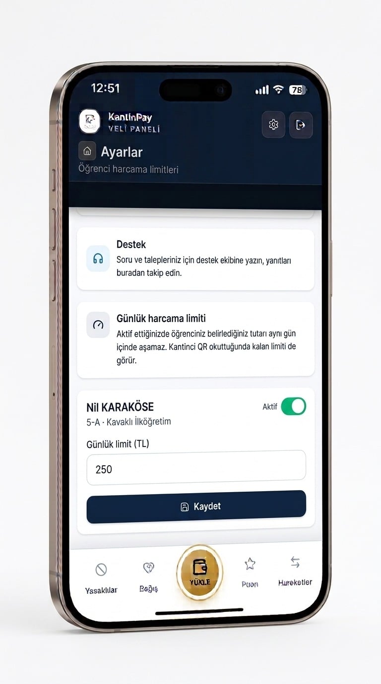 Veli paneli günlük harcama limiti